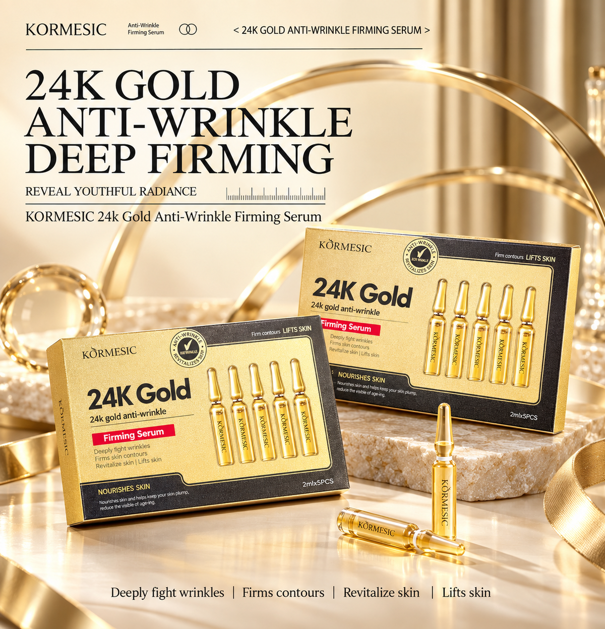 24K Gold Anti-Wrinkle Serum za Lice – 5 Ampula