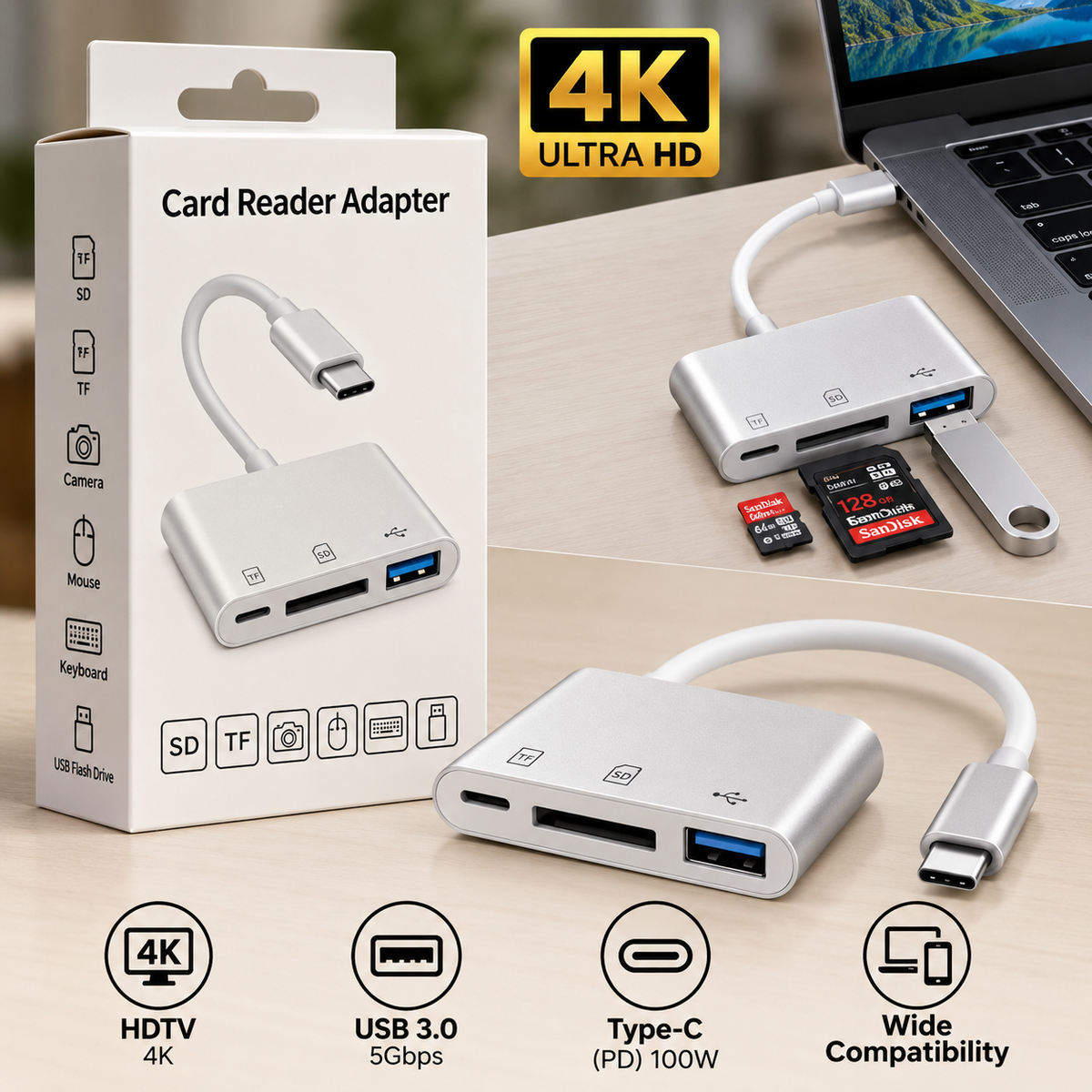 USB-C Čitač SD i MicroSD Kartica sa USB 3.0 Priključkom – 3 u 1
