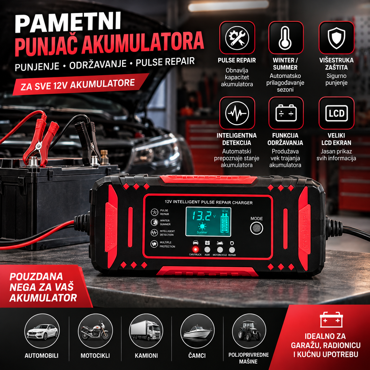 Pametni punjač akumulatora 12V sa LCD ekranom