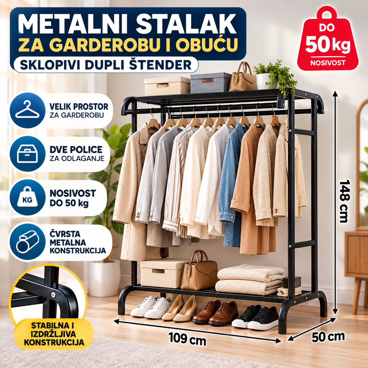 Metalni Stalak za Garderobu i Obuću - Sklopivi Dupli Štender