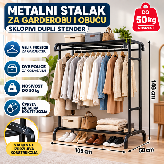 Metalni Stalak za Garderobu i Obuću - Sklopivi Dupli Štender