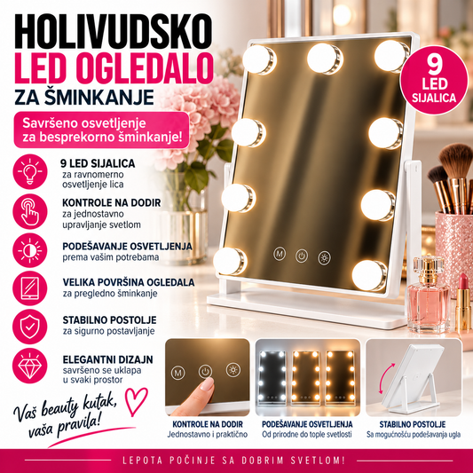 Holivudsko LED Ogledalo za Šminkanje sa 9 Sijalica