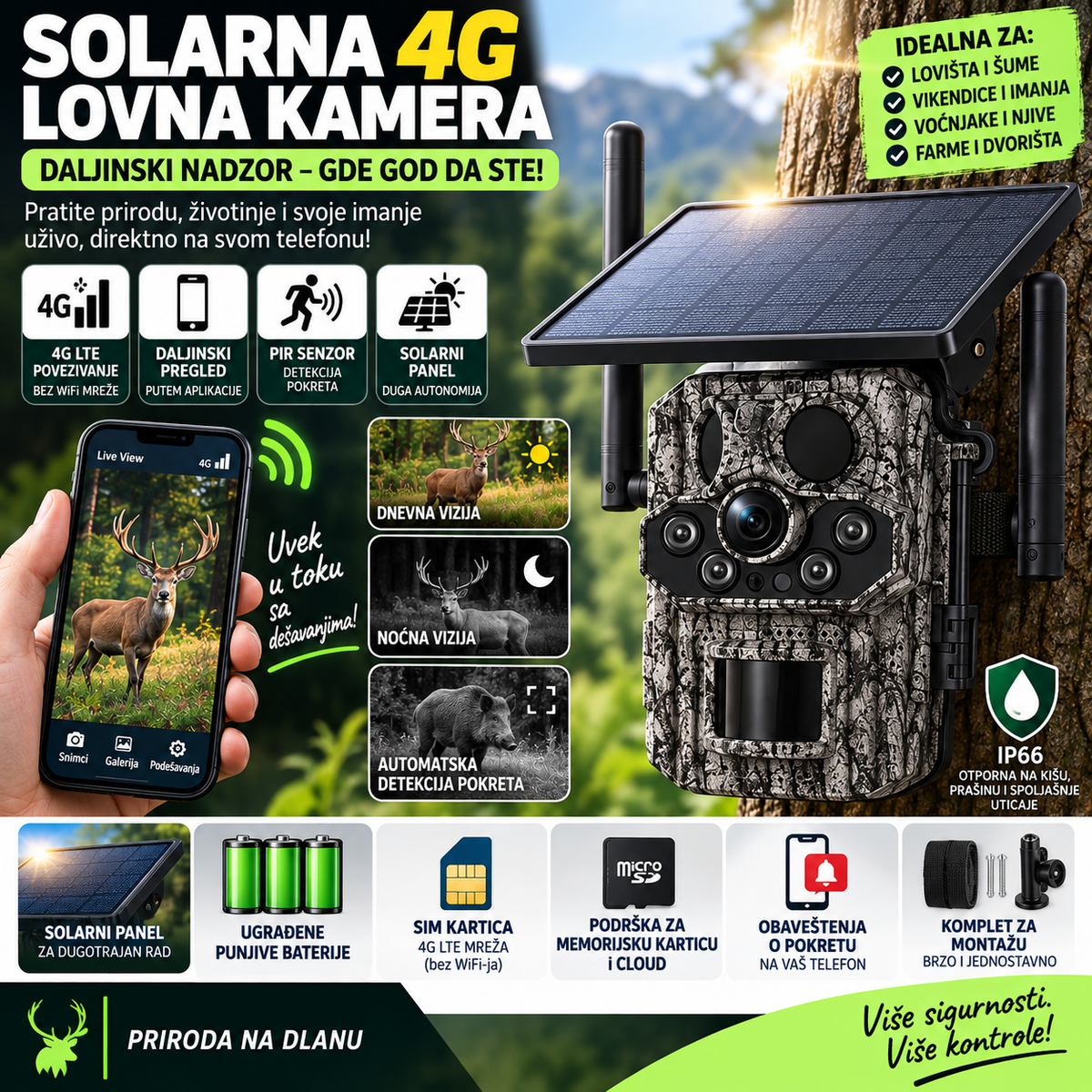 Solarna 4G Lovna Kamera sa PIR Senzorima i Daljinskim Nadzorom