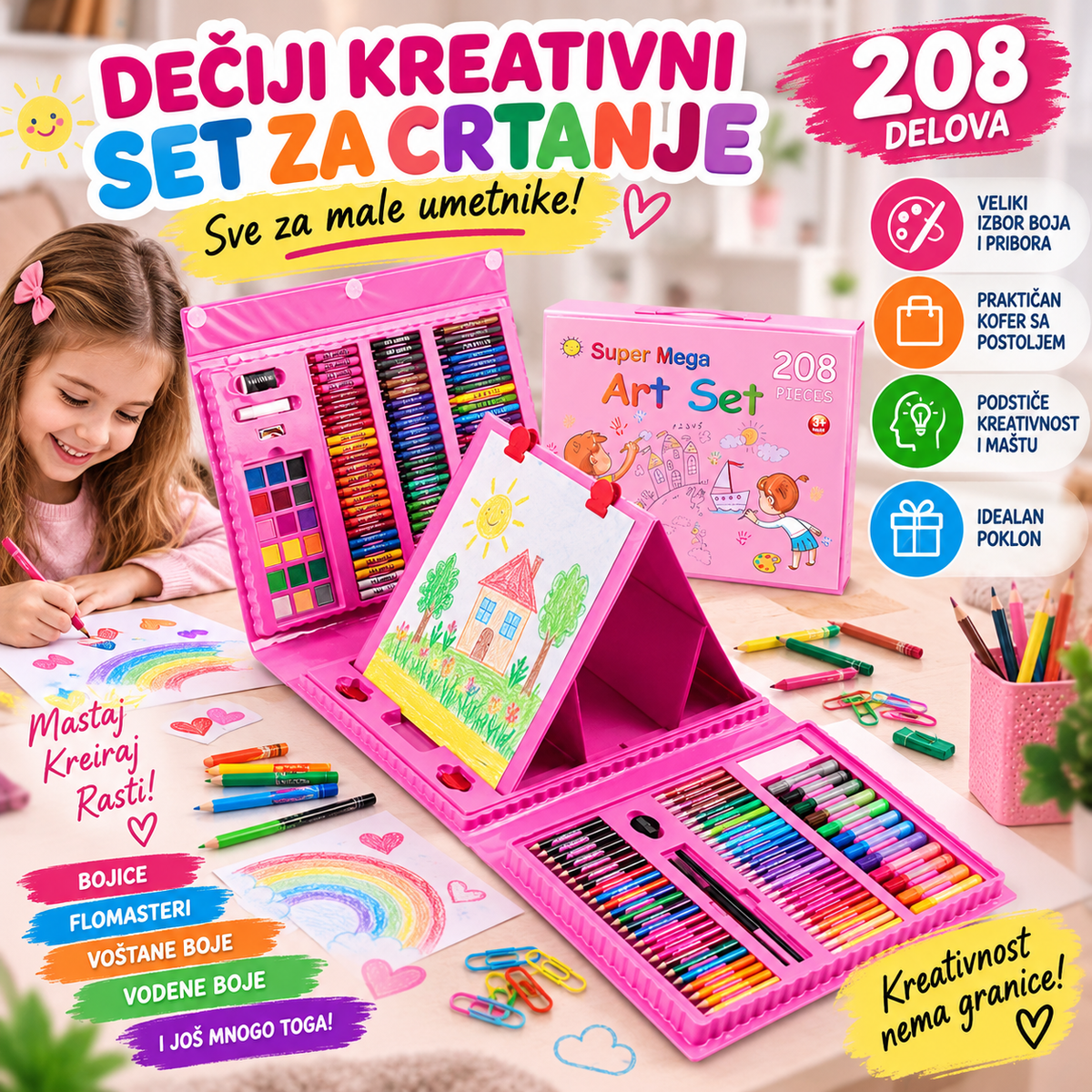 Kofer sa bojicama za decu - savršen set od 208 delova za crtanje i školu