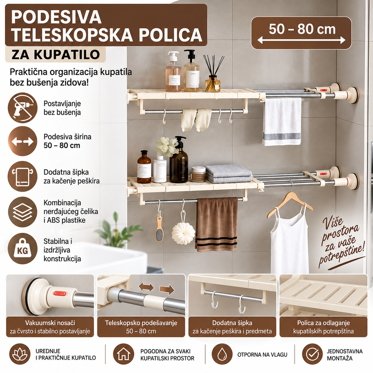 Podesiva Teleskopska Polica za Kupatilo sa Vakuumskim Nosačima – 50–80 cm