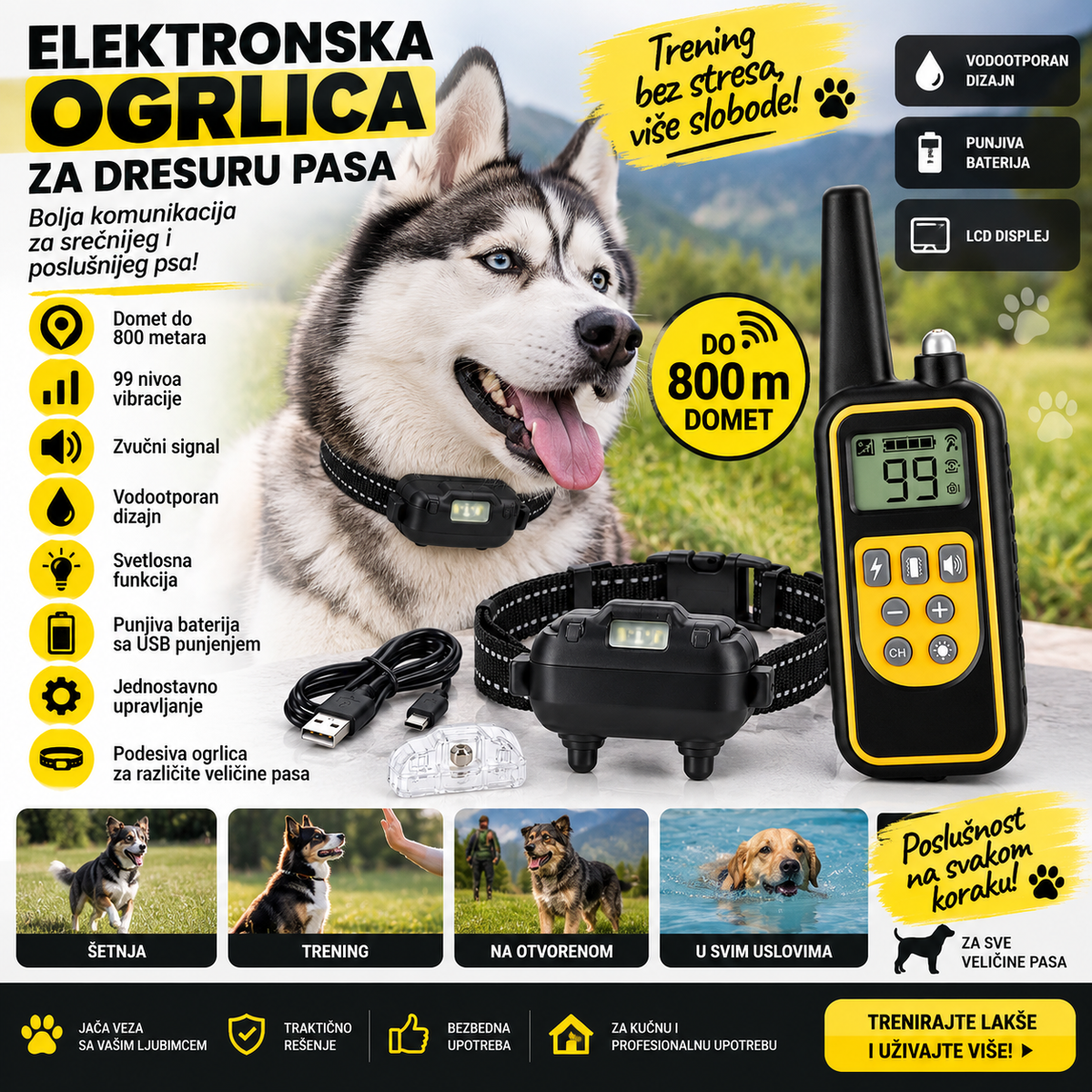 Elektronska Ogrlica za Dresuru Pasa sa Daljinskim Upravljačem – Do 800 m