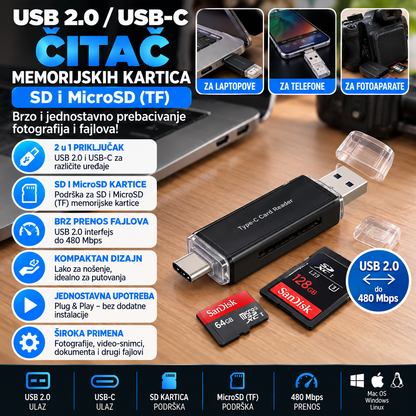 USB 2.0 / USB-C Čitač SD i MicroSD Memorijskih Kartica