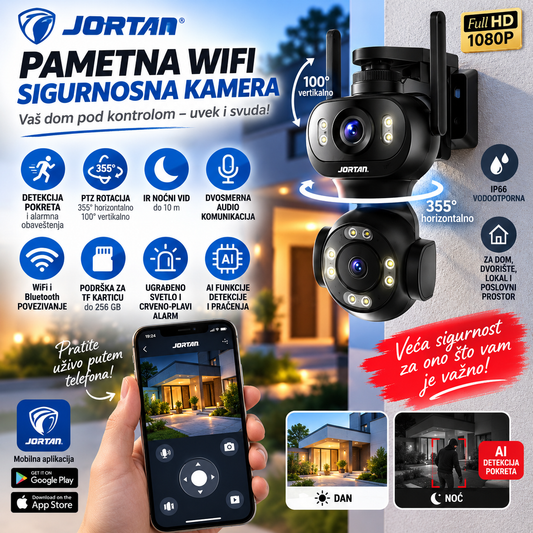 JORTAN JT-9680 WiFi PTZ IP Kamera 6MP – Dual Lens, 8x Zoom, AI Detekcija, Noćni Vid i Dvosmerni Audio