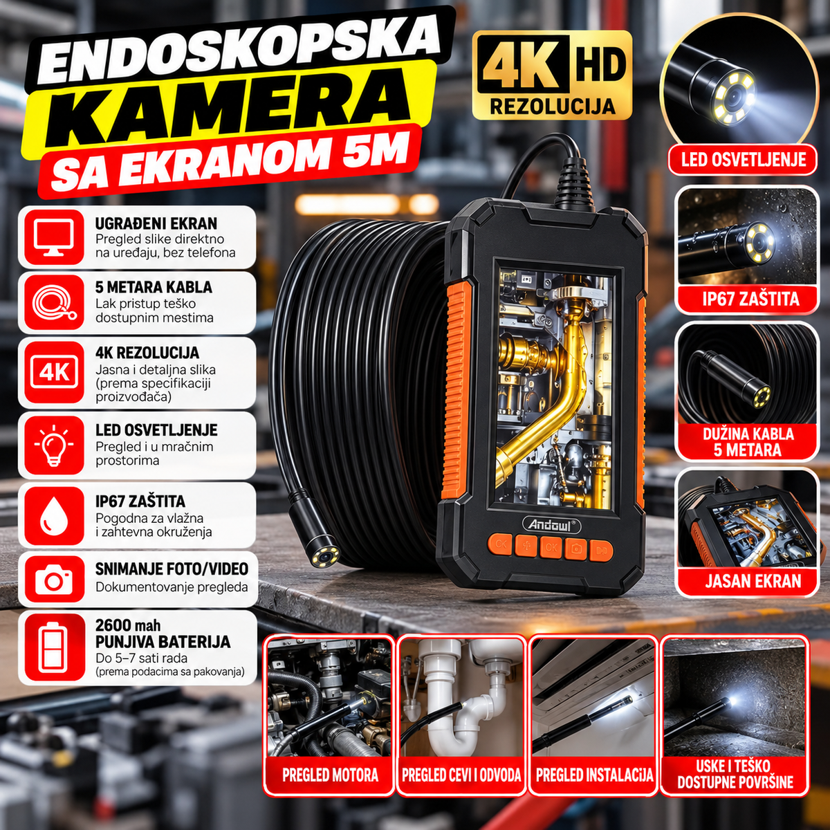 Endoskopska Kamera sa Ekranom 5m