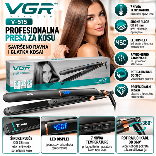 Profesionalna Presa za Kosu VGR V-515 sa LED Displejem i 7 Nivoa Temperature
