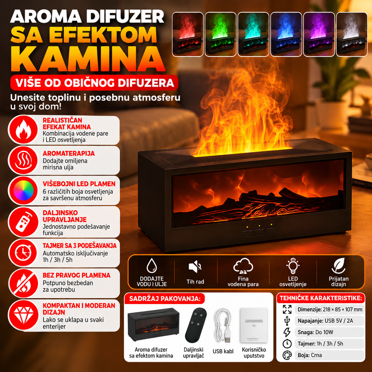 Aroma Difuzer sa Efektom Kamina i LED Plamenom