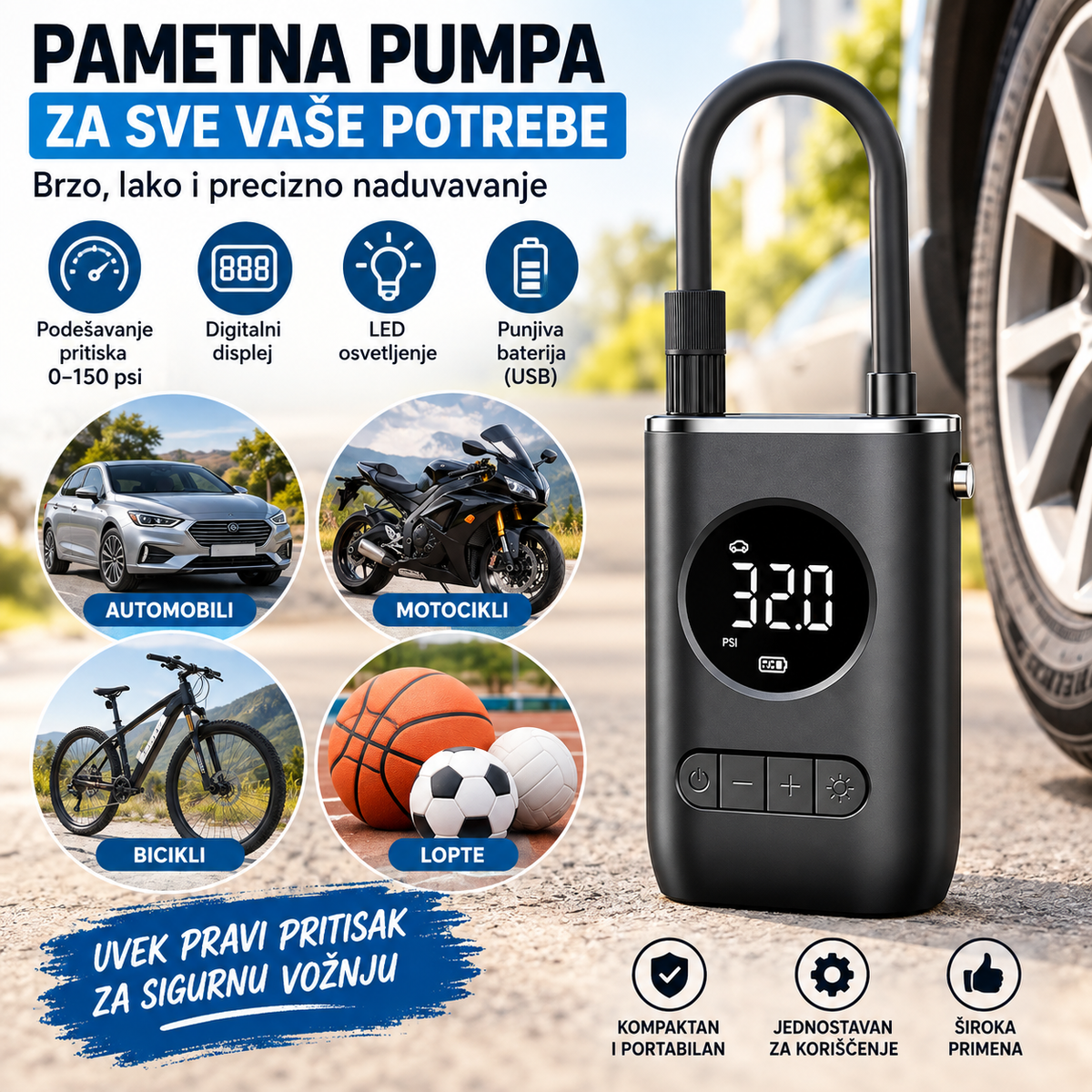 Prenosiva Digitalna Mini Pumpa 150 PSI – Punjiva