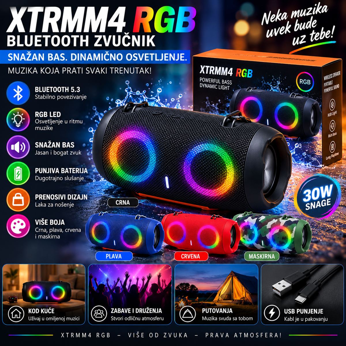 Bluetooth Zvučnik XTRMM4 RGB sa LED Osvetljenjem