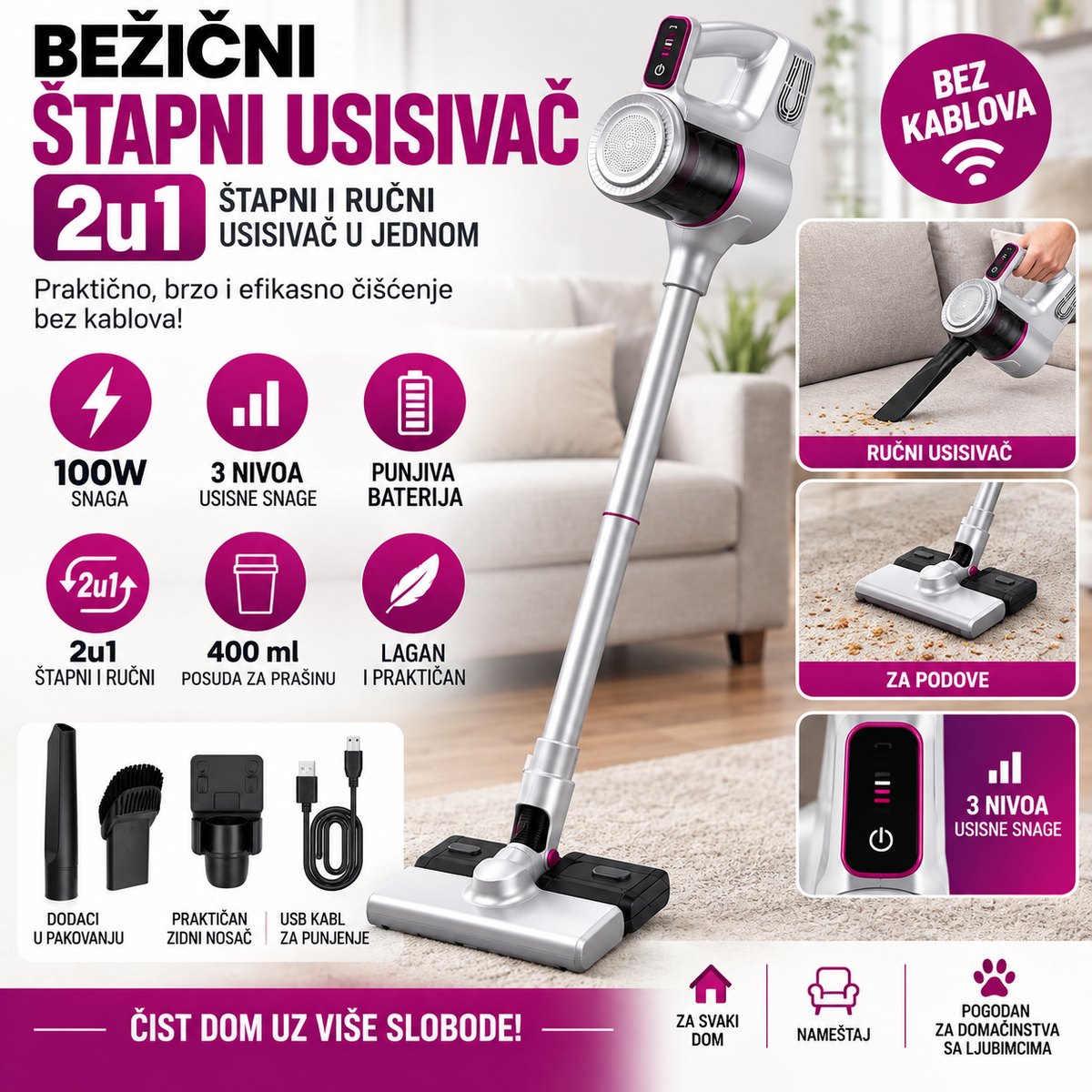 Bežični Štapni Usisivač 2u1 – 100W