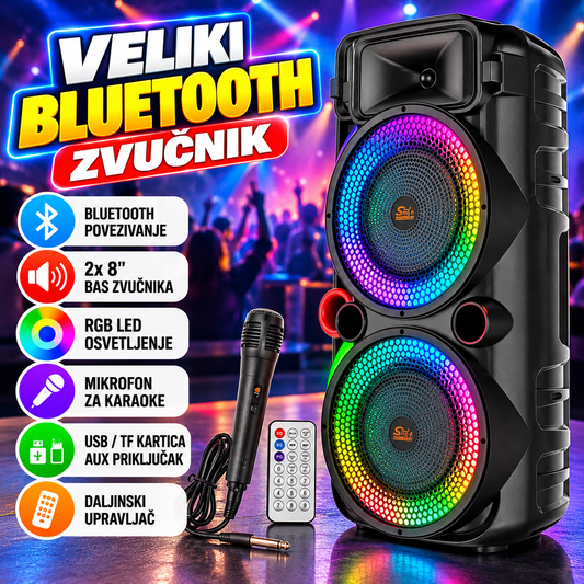 Veliki Bluetooth Zvučnik sa 2 Bas Zvučnika i RGB LED Svetlom