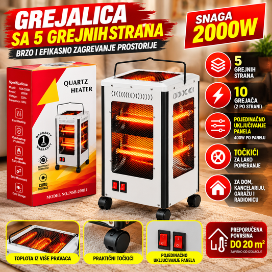 Kvarcna Grejalica 2000W sa 5 Grejnih Strana na Točkićima