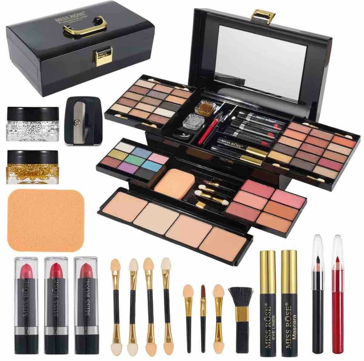 Miss Rose Profesionalni Set Šminke sa Ogledalom – Multifunkcionalni Makeup Kofer