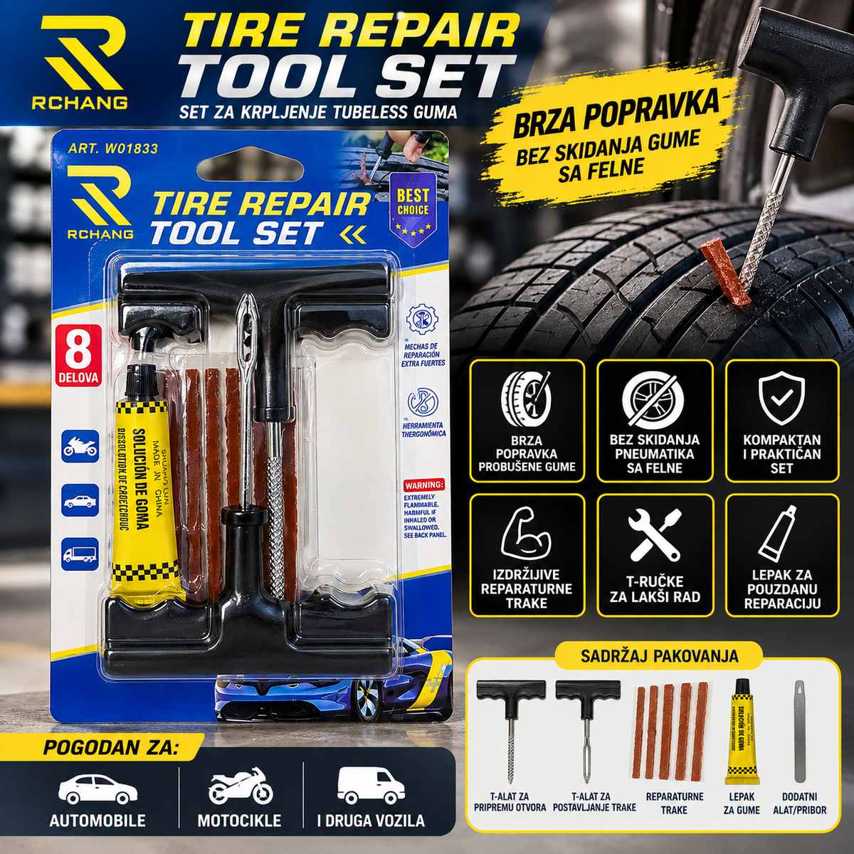Set za Krpljenje Tubeless Guma – 8 Delova