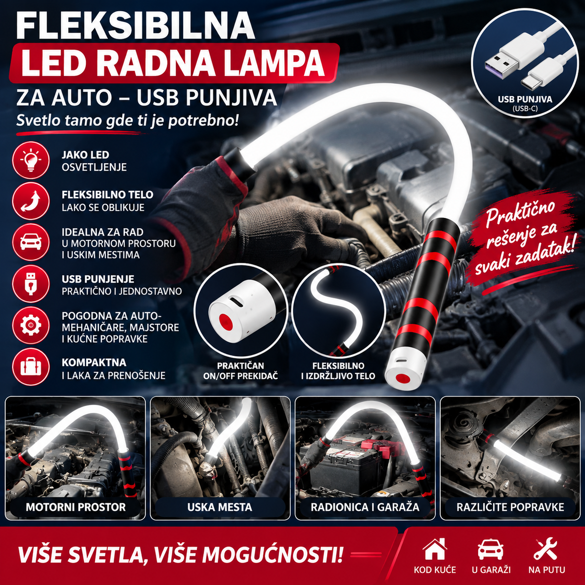 Fleksibilna LED Radna Lampa za Auto – USB Punjiva