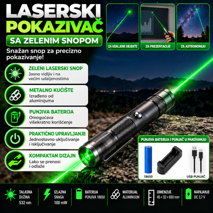 Laserski Pokazivač sa Zelenim Snopom – Punjivi Laser