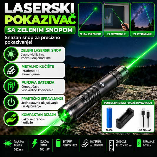 Laserski Pokazivač sa Zelenim Snopom – Punjivi Laser