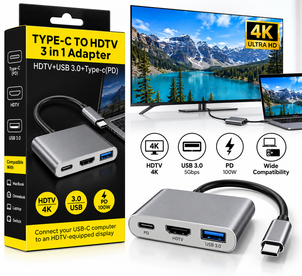 USB-C Hub 3 u 1 – HDMI 4K, USB 3.0 i PD Punjenje