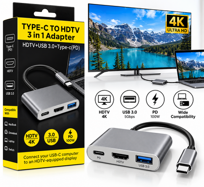 USB-C Hub 3 u 1 – HDMI 4K, USB 3.0 i PD Punjenje