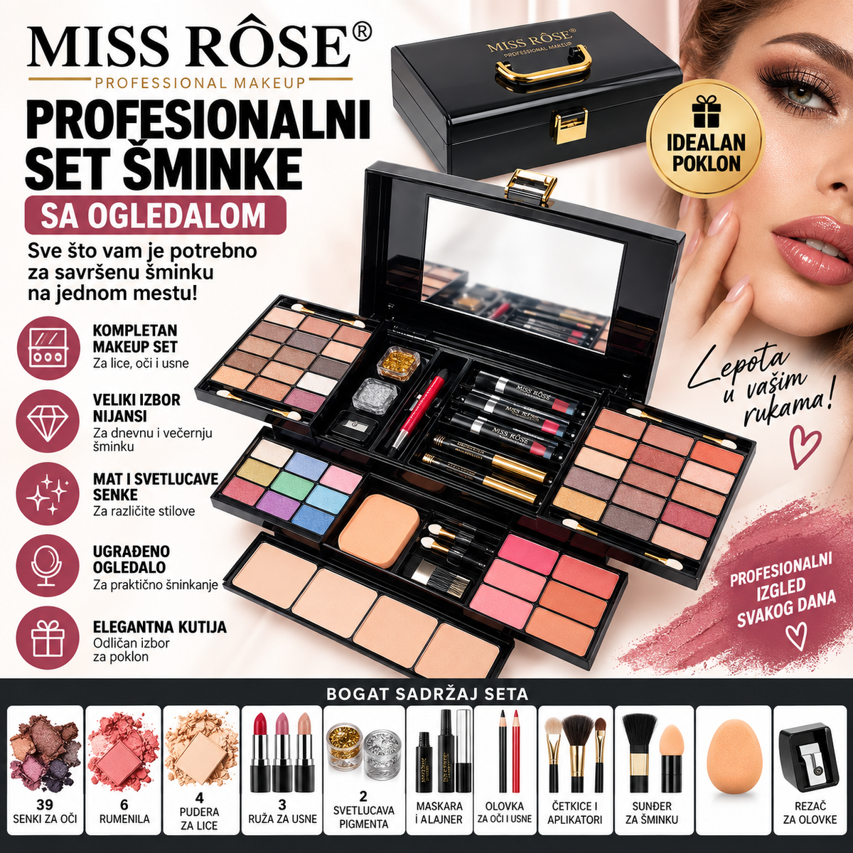 Miss Rose Profesionalni Set Šminke sa Ogledalom – Multifunkcionalni Makeup Kofer