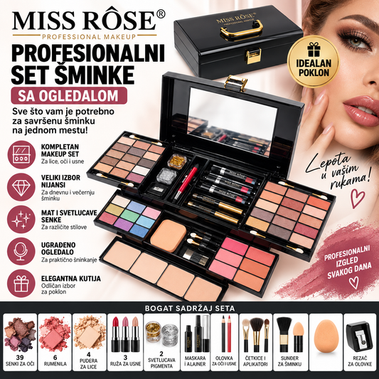 Miss Rose Profesionalni Set Šminke sa Ogledalom – Multifunkcionalni Makeup Kofer