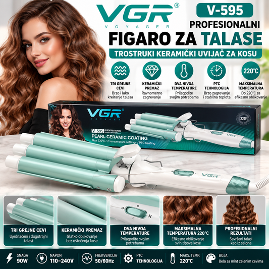 VGR V-595 Profesionalni Figaro za Talase – Trostruki Keramički Uvijač za Kosu
