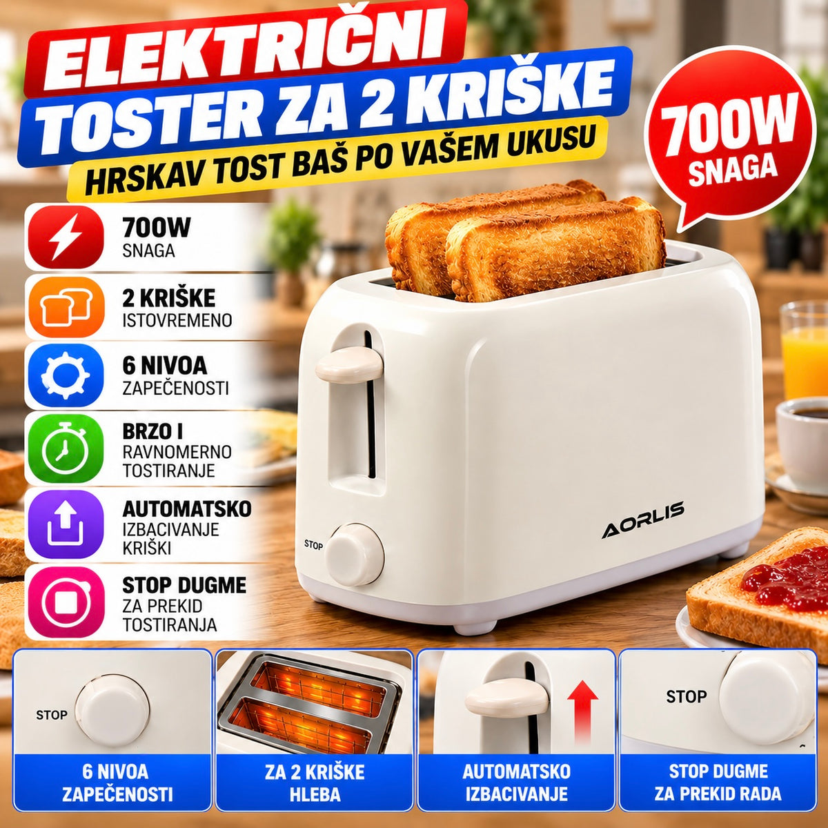 Električni Toster za 2 Kriške – 700W