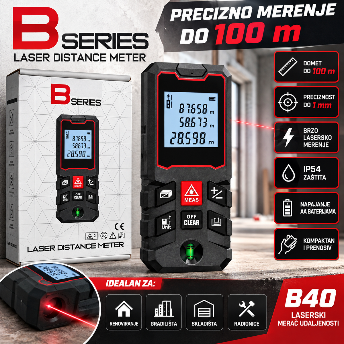 Laserski merač udaljenosti B40 – Precizno merenje do 100m