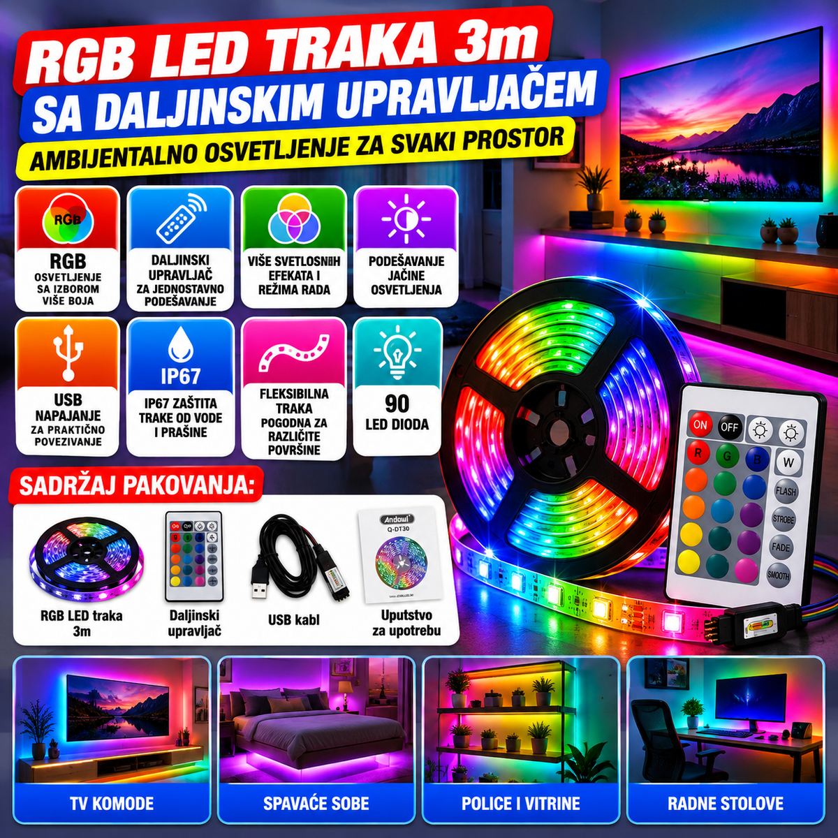 RGB LED Traka 3m sa Daljinskim Upravljačem