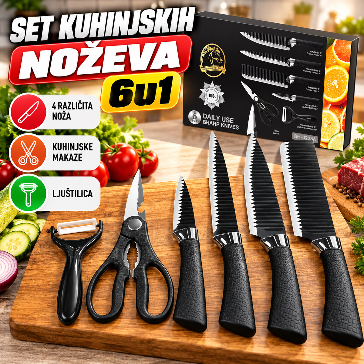 Set Kuhinjskih Noževa 6u1 sa Makazama i Ljuštilicom