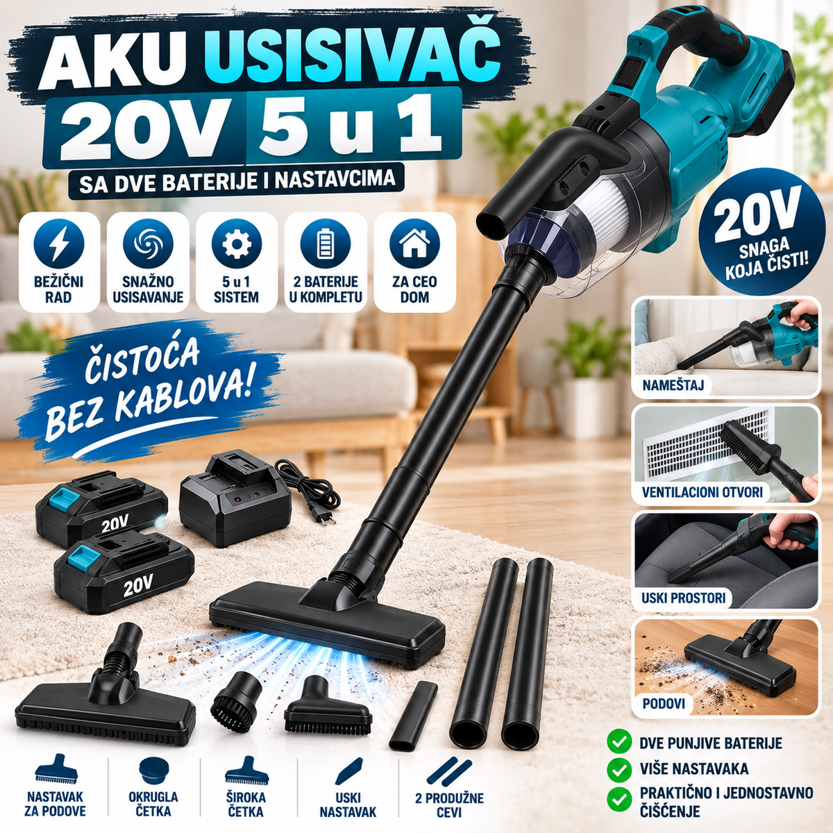 Aku Usisivač 20V 5 u 1 sa Dve Baterije i Nastavcima
