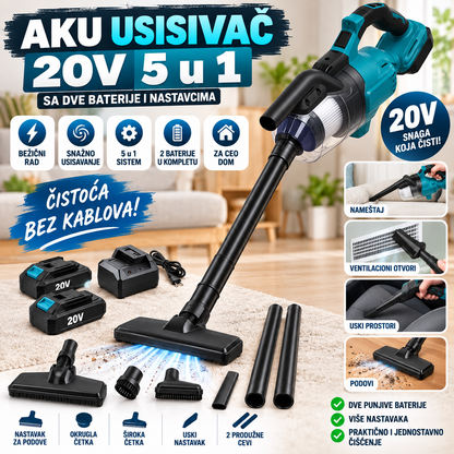 Aku Usisivač 20V 5 u 1 sa Dve Baterije i Nastavcima