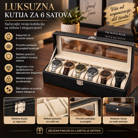 Luksuzna Kutija za 6 Satova sa Staklenim Poklopcem