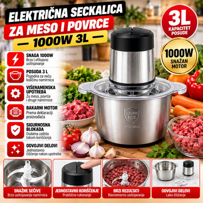 Električna Seckalica za Meso i Povrće 1000W 3L