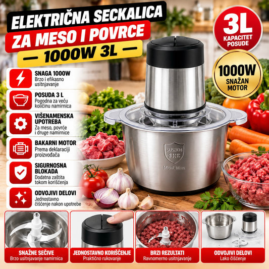 Električna Seckalica za Meso i Povrće 1000W 3L
