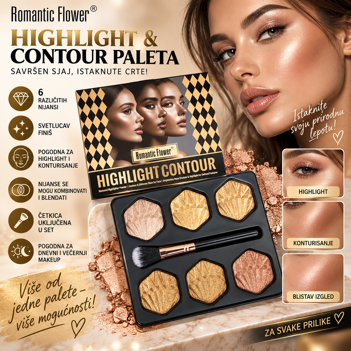 Romantic Flower Highlight & Contour Paleta – 6 Nijansi