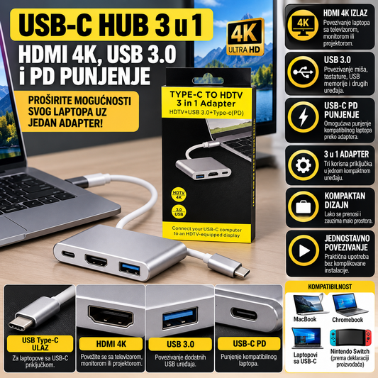 USB-C Hub 3 u 1 – HDMI 4K, USB 3.0 i PD Punjenje