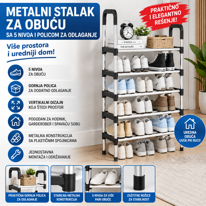 Metalni Stalak za Obuću sa 5 Nivoa i Policom za Odlaganje