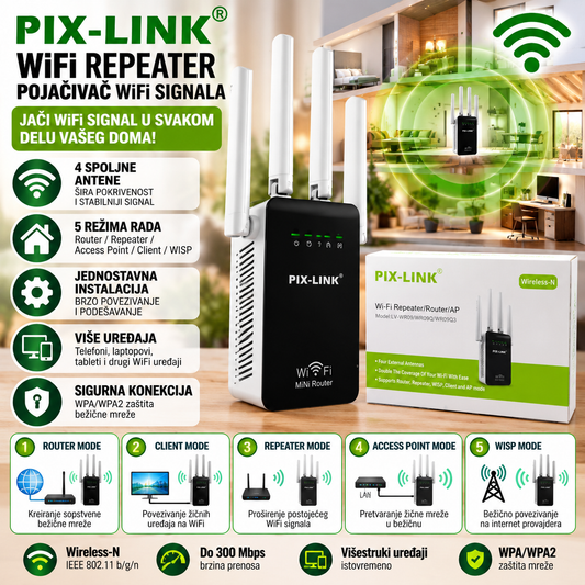PIX-LINK WiFi Repeater – Pojačivač WiFi Signala sa 4 Antene