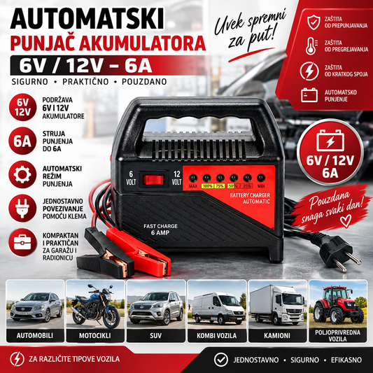 Automatski punjač akumulatora 6V/12V – 6A