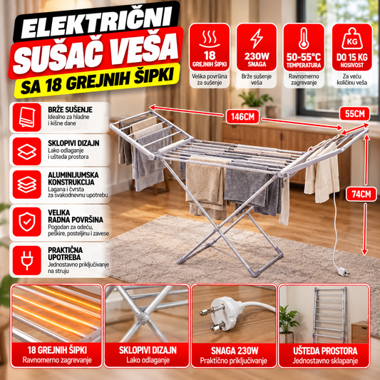 Električni Sušač Veša sa 18 Grejnih Šipki 230W