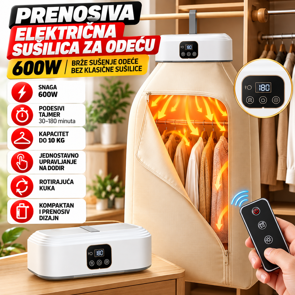 Prenosiva Sušilica za Odeću 600W