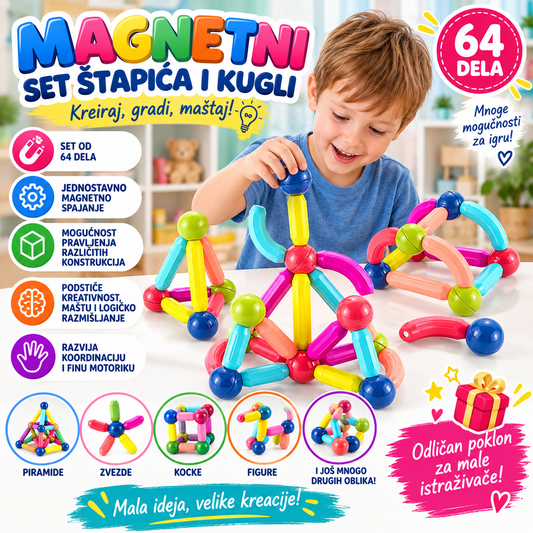 Magnetni Set Štapića i Kugli - 64 Delova