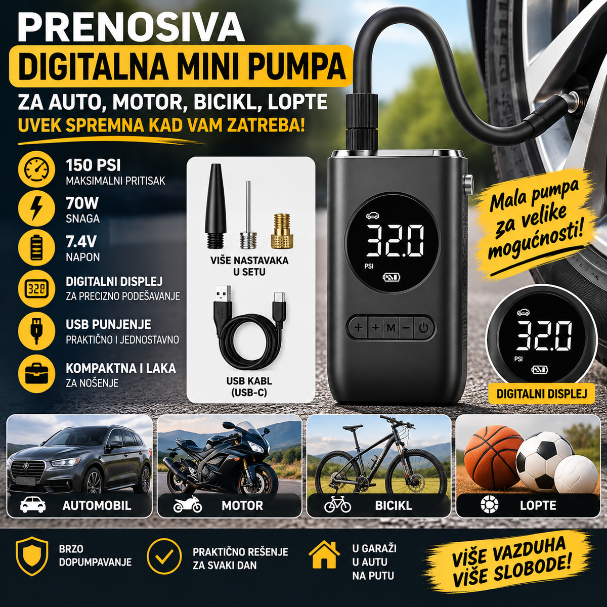 Prenosiva Digitalna Mini Pumpa 150 PSI – Punjiva