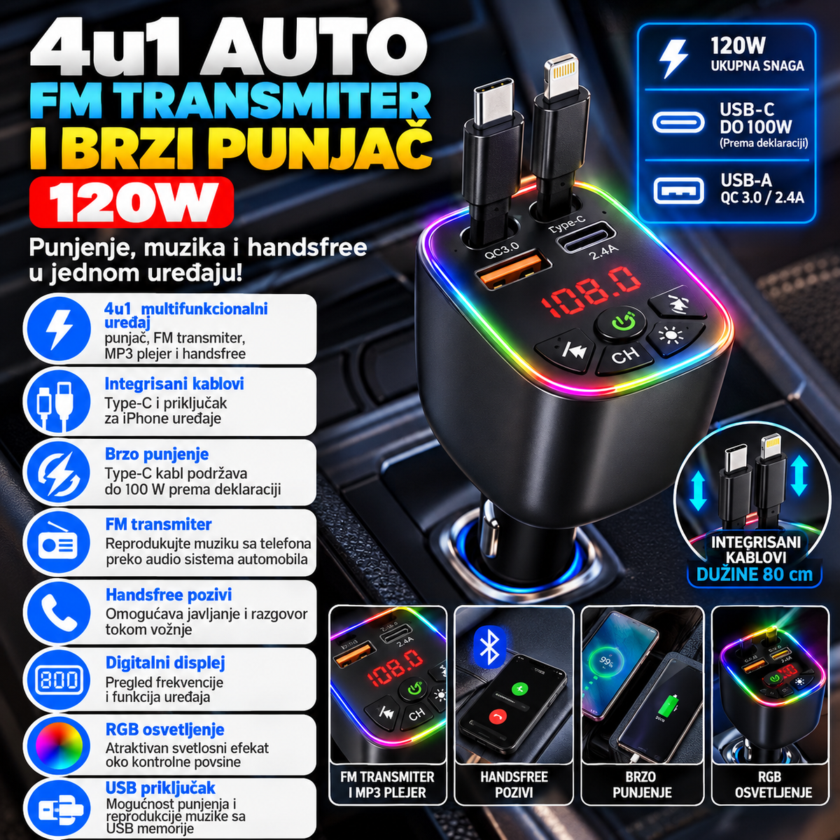 4u1 Auto FM Transmiter i Brzi Punjač 120W