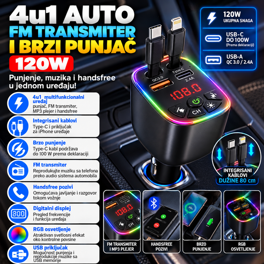 4u1 Auto FM Transmiter i Brzi Punjač 120W
